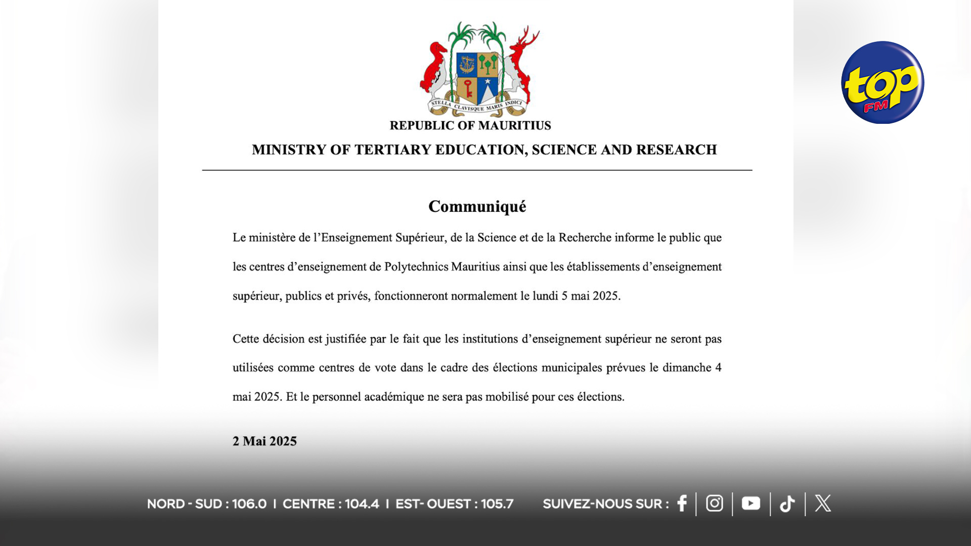 COMMUNIQUE COMMUNIQUE