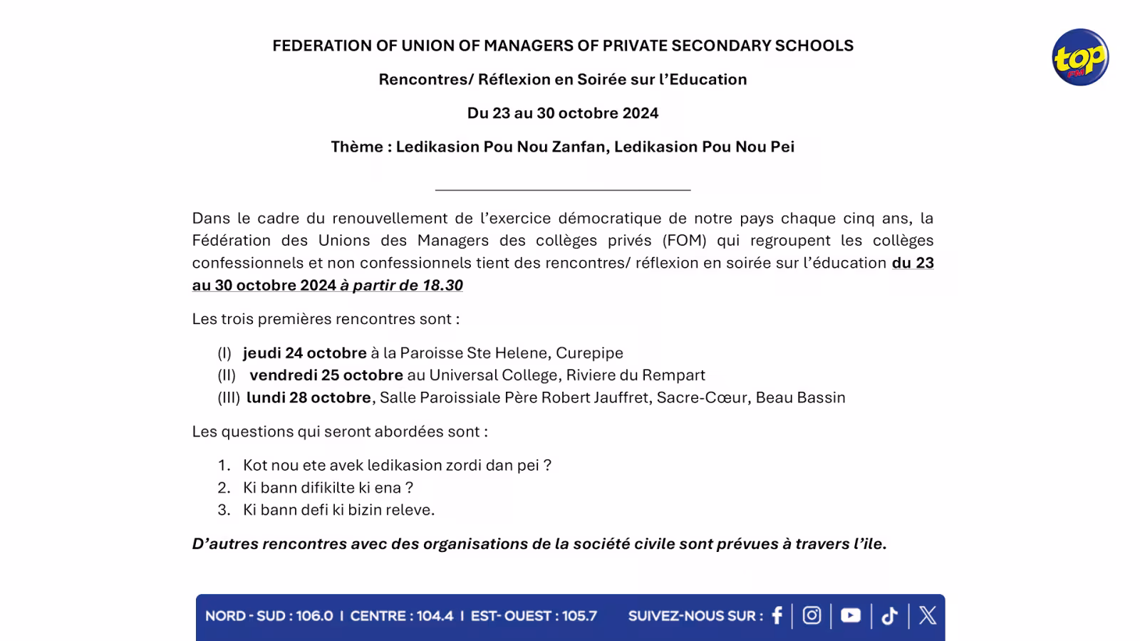 Collèges privés : La Fédération des Unions des Managers organise des débats sur l’éducation à travers l'île, du 23 au 30 octobre 2024