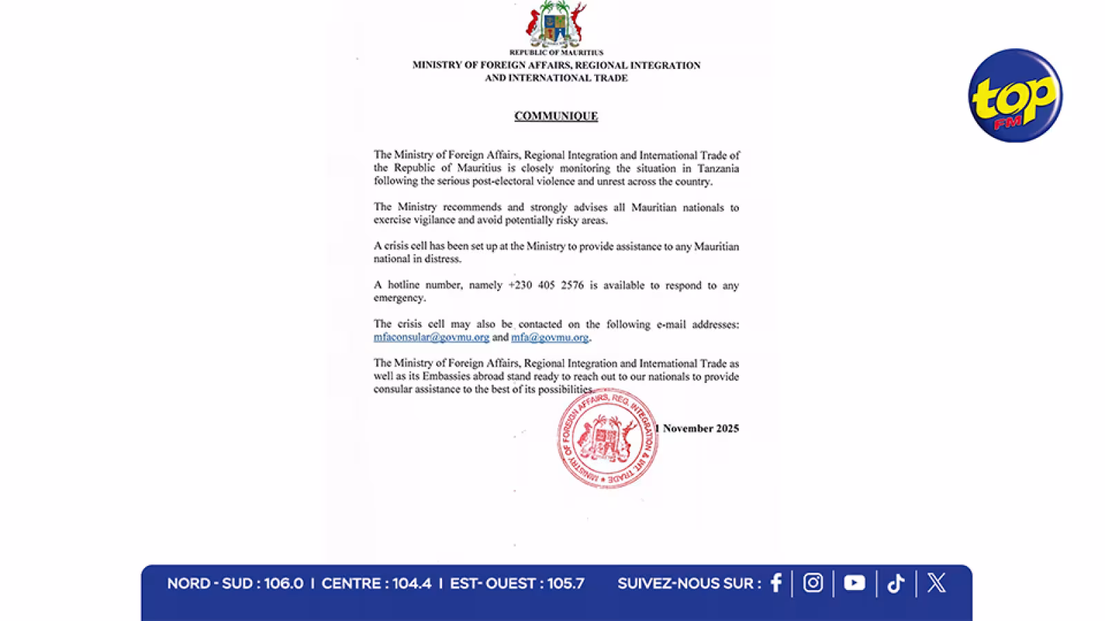 Violences post-électorales en Tanzanie : le gouvernement mauricien appelle ses ressortissants à la prudence