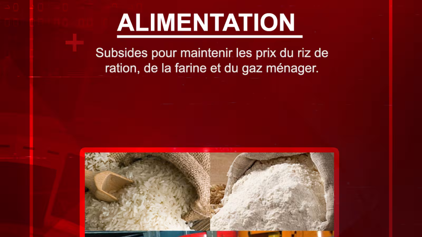 Subsides pour maintenir les prix du riz de ration, de la farine et du gaz ménager.