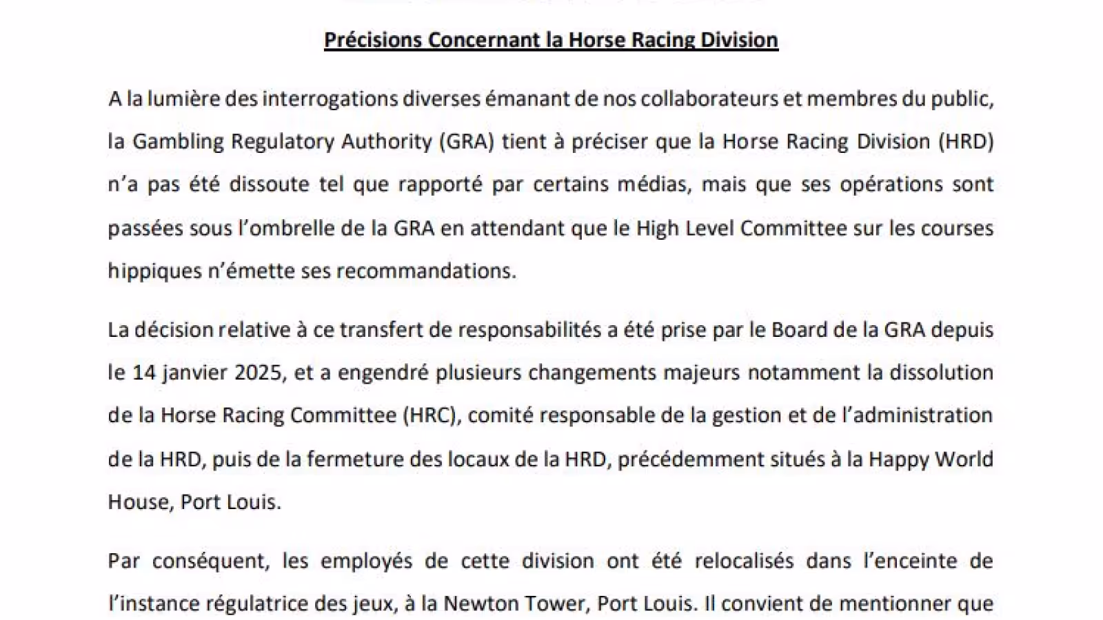 Hippisme : la HRD relocalisée mais pas démantelé … la GRA s’explique via un communiqué