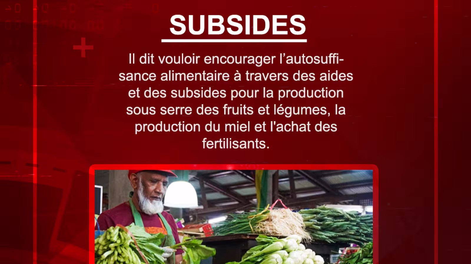 Il dit vouloir encourager l’autosuffisance alimentaire à travers des aides et des subsides pour la production sous serre des fruits et légumes, la production du miel et l’achat des fertilisants.