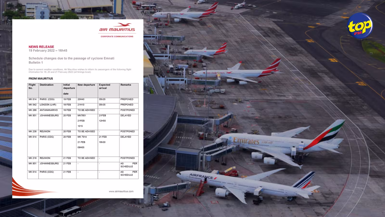 Passage d’Emnati : Plusieurs vols d’Air Mauritius perturbés