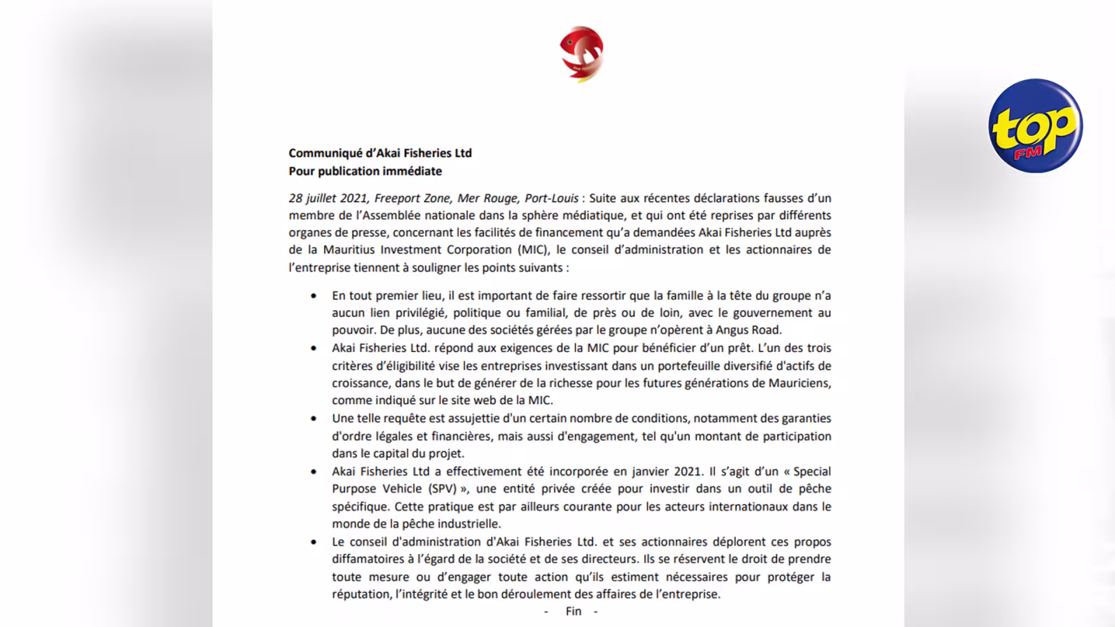Soutien financier : Akai Fisheries Ltd affirme qu’elle répond aux exigences de la Mauritius Investment Corporation et précise que ses dirigeants n’ont aucun lien privilégié avec le pouvoir