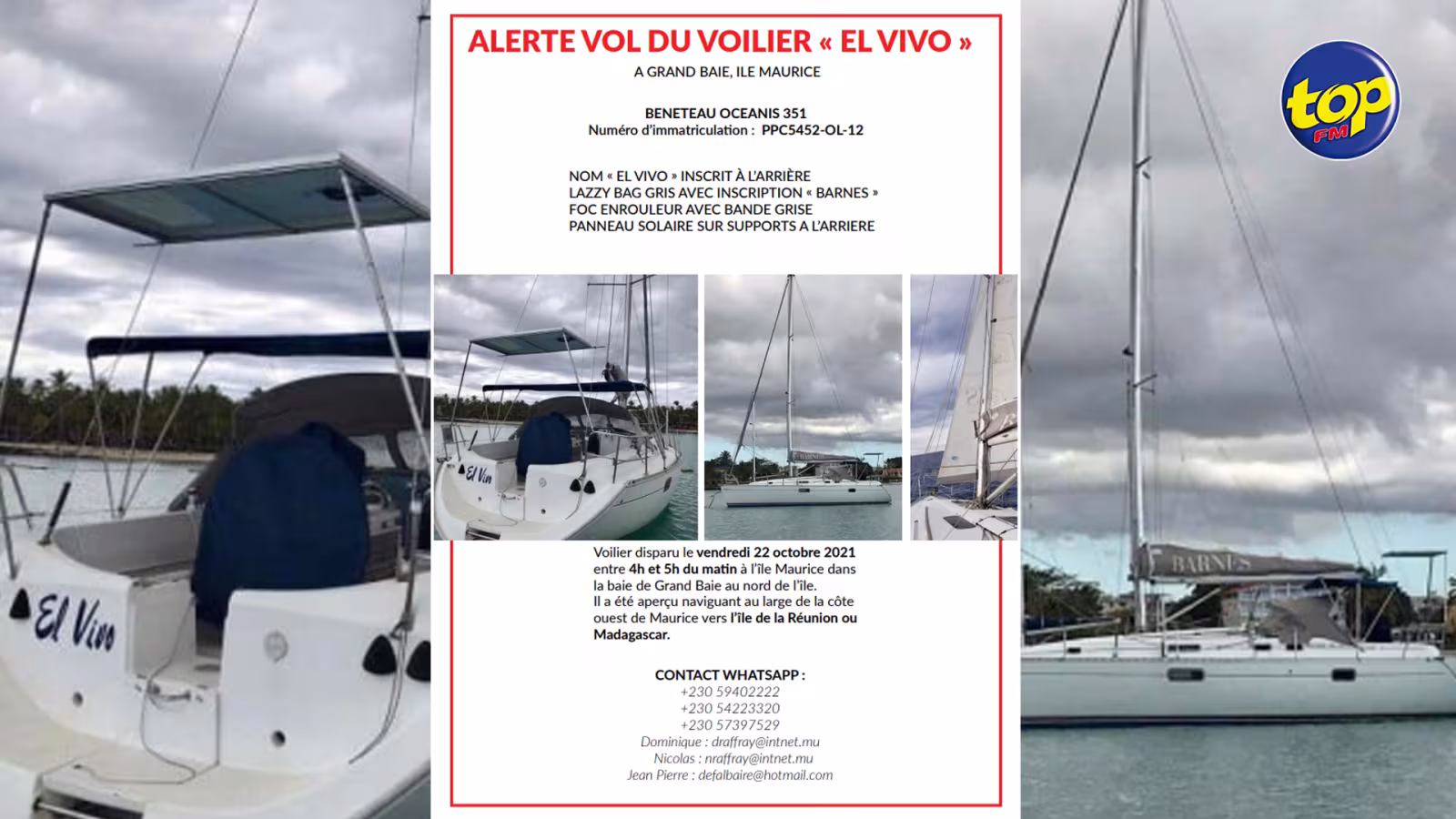 Vol d’un voilier à Grand Baie : il a été aperçu naviguant à Albion dirigeant vers l’île de la Réunion, avance son propriétaire Nicholas Raffray