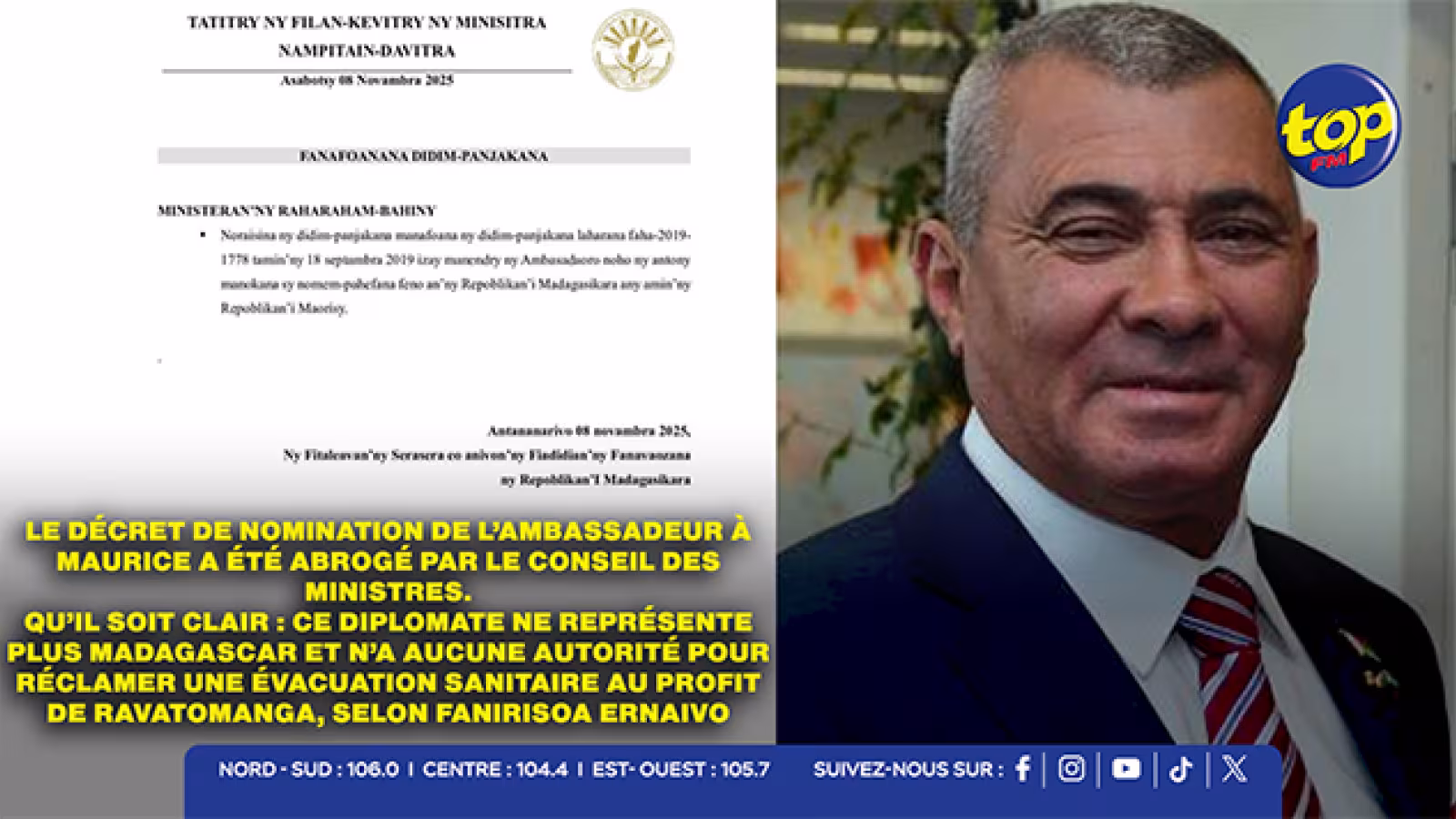 Affaire Ravatomanga – L’ambassadeur de Madagascar à Maurice limogé : le gouvernement malgache met fin aux fonctions de Camille Vital