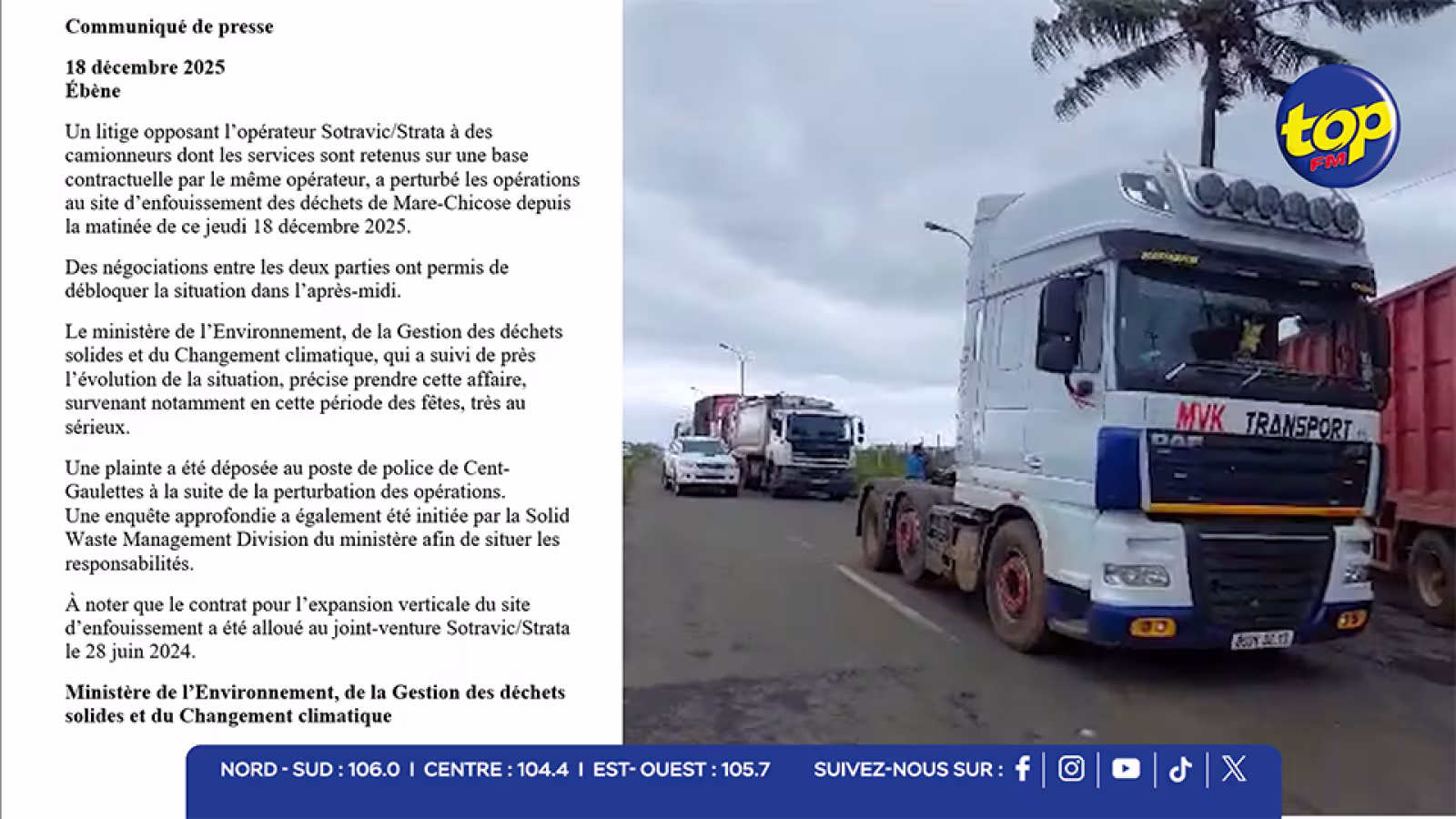 Litige entre Sotravic/Strata et des camionneurs : le site de Mare-Chicose reprend ses opérations après une perturbation temporaire 