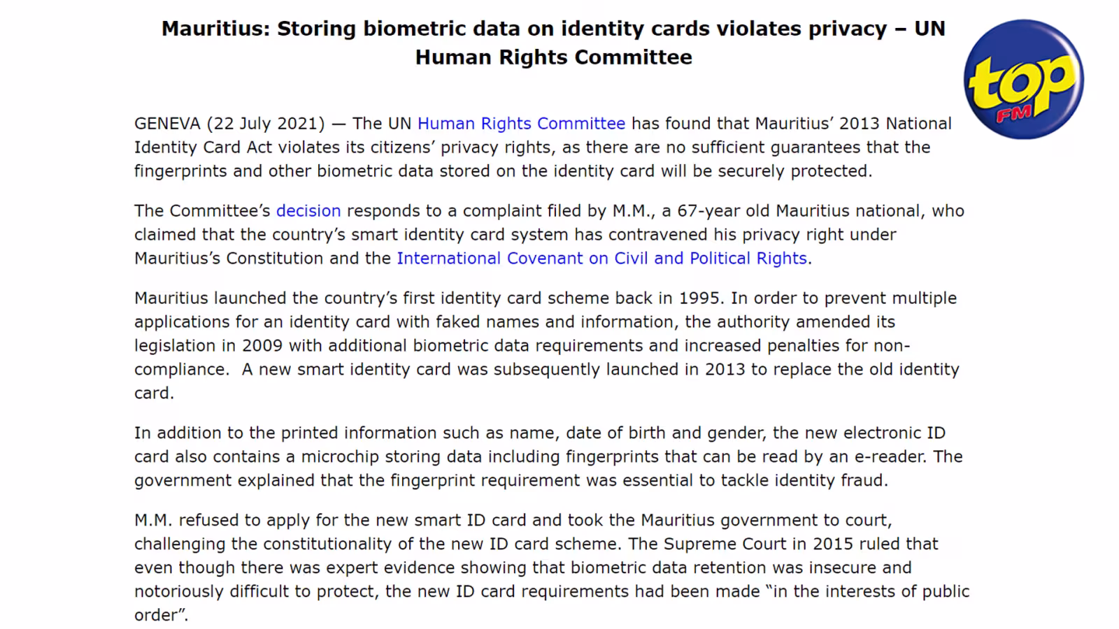 Décision du Comité des droits humains de l’ONU : « La manière dont les empreintes sont sauvegardées sur la carte d’identité biométrique porte atteinte à la vie privée »