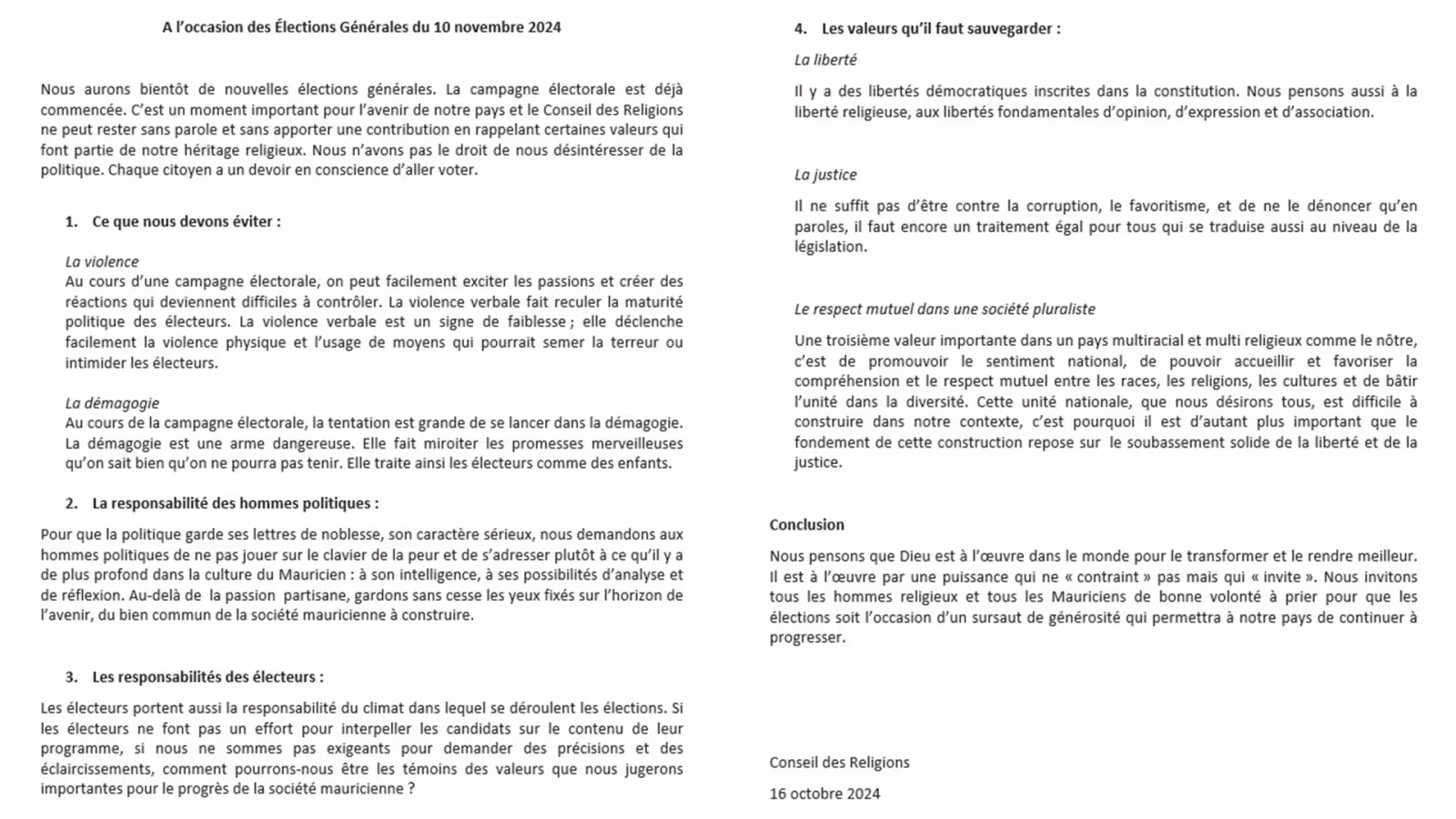 COMMUNIQUE-CONSEILS DES RELIGIONS