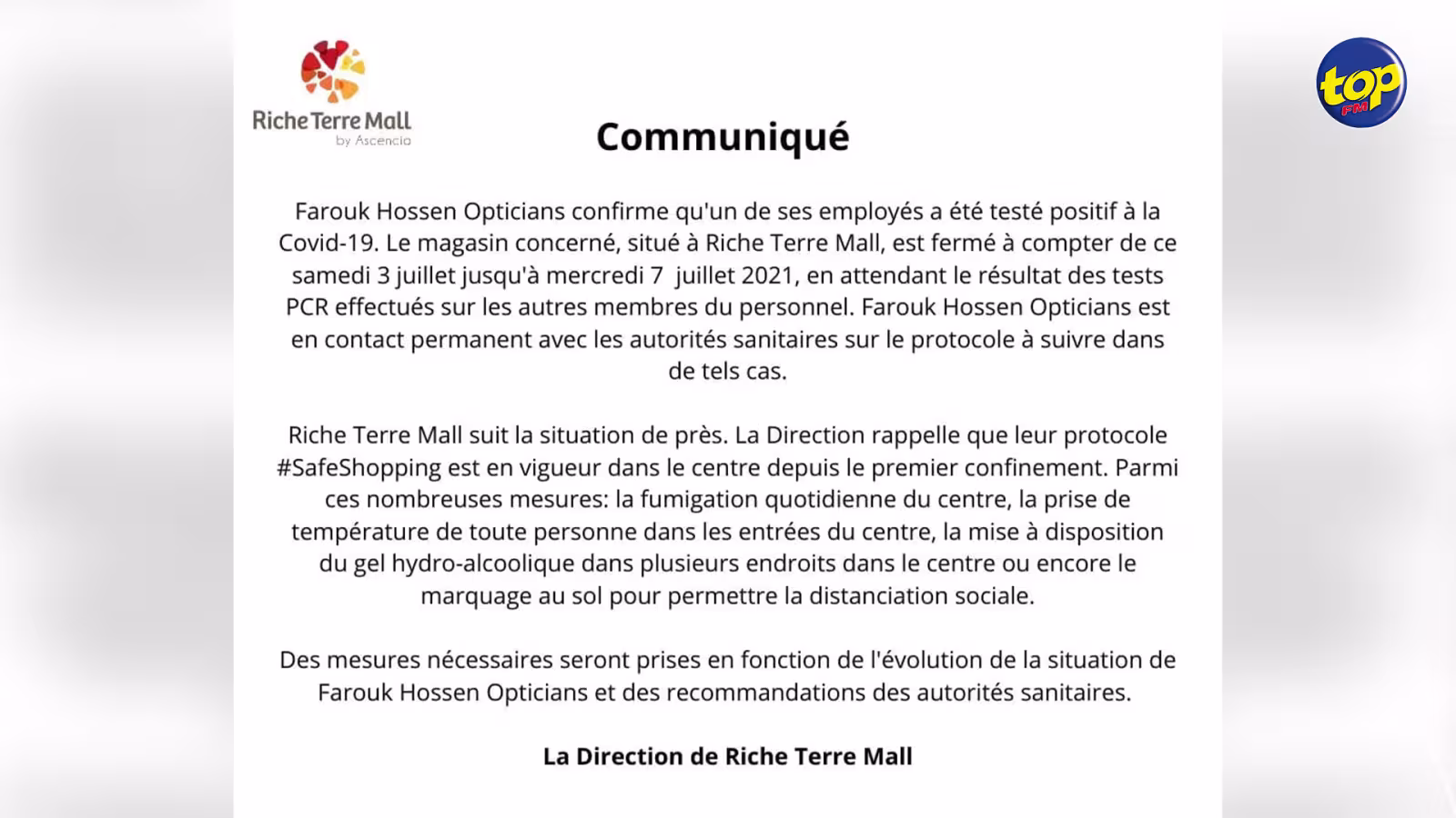 À Riche Terre : Un employé de Farook Hossen Opticians testé positif à la Covid-19