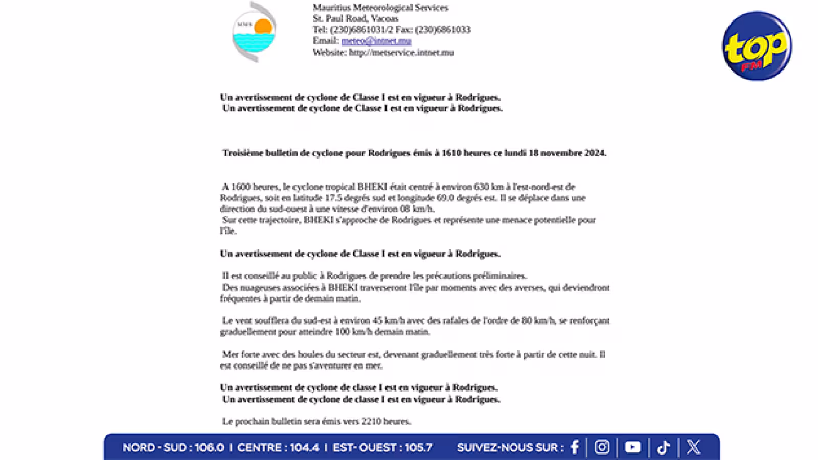 Météo : Le cyclone Bheki se rapproche des Mascareignes tout en perdant de son intensité…Un avertissement de cyclone de classe 1 reste en vigueur à Rodrigues