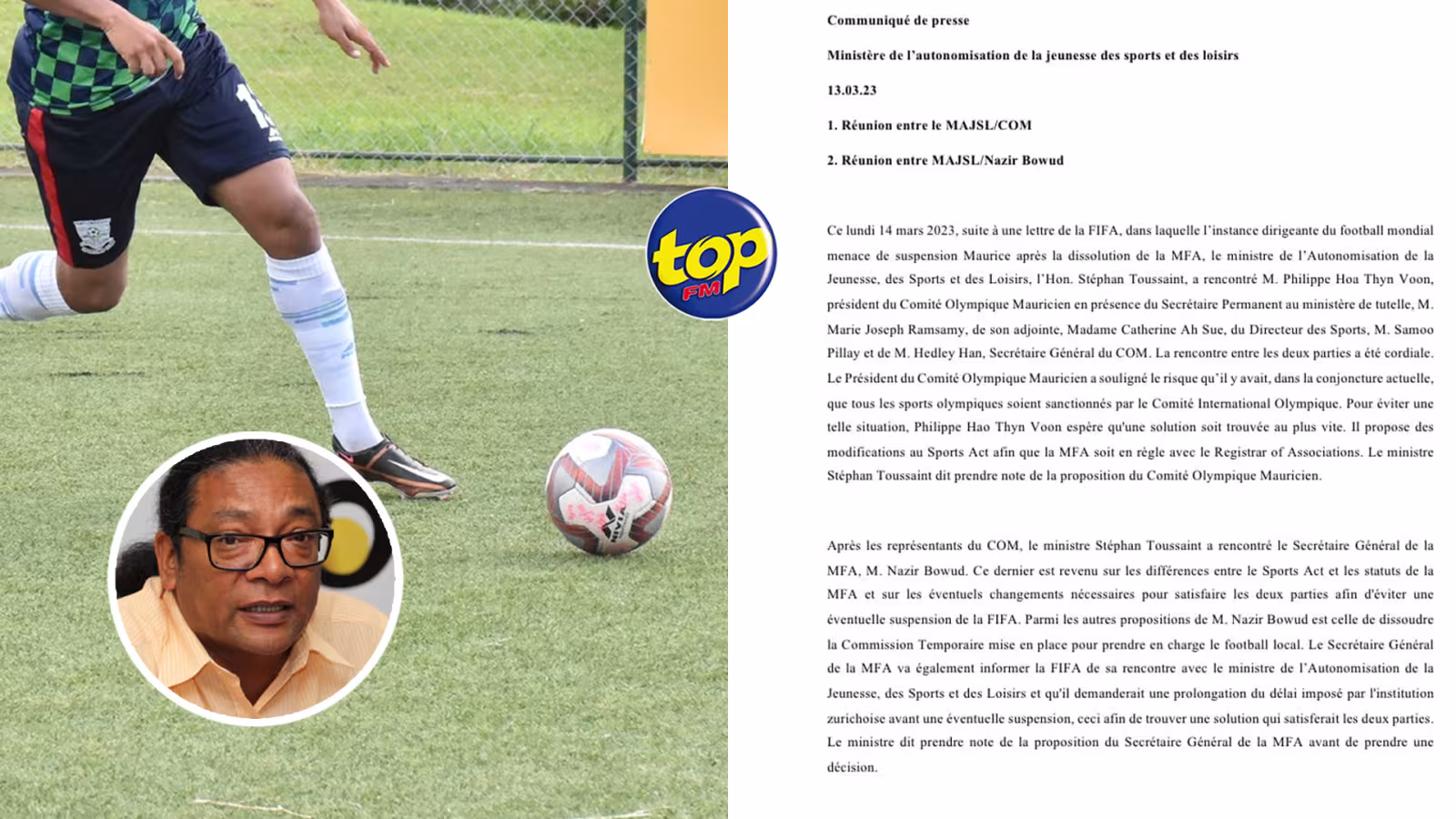 Dans un communiqué ce mardi, le ministère de l’Autonomisation de la Jeunesse, des Sports et des Loisirs explique que le ministre Stéphan Toussaint a rencontré le président du Comité Olympique Maurice, Philippe Hao Thyn Voon ainsi que le secrétaire général de la MFA, Nazir Bowud