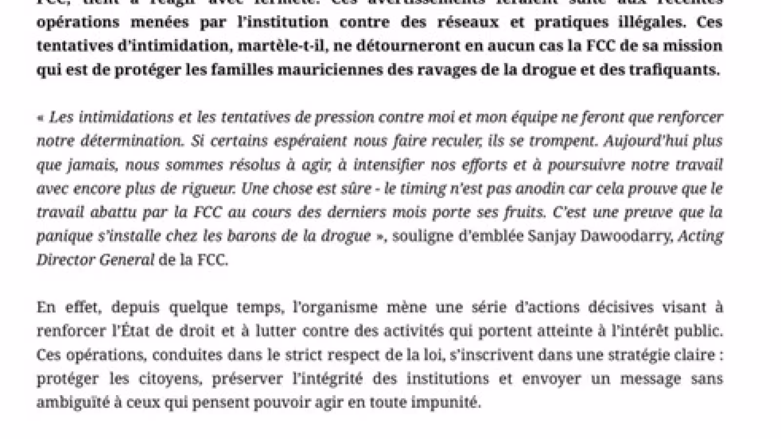 FCC : pas de recul face aux menaces, la lutte contre le crime continue