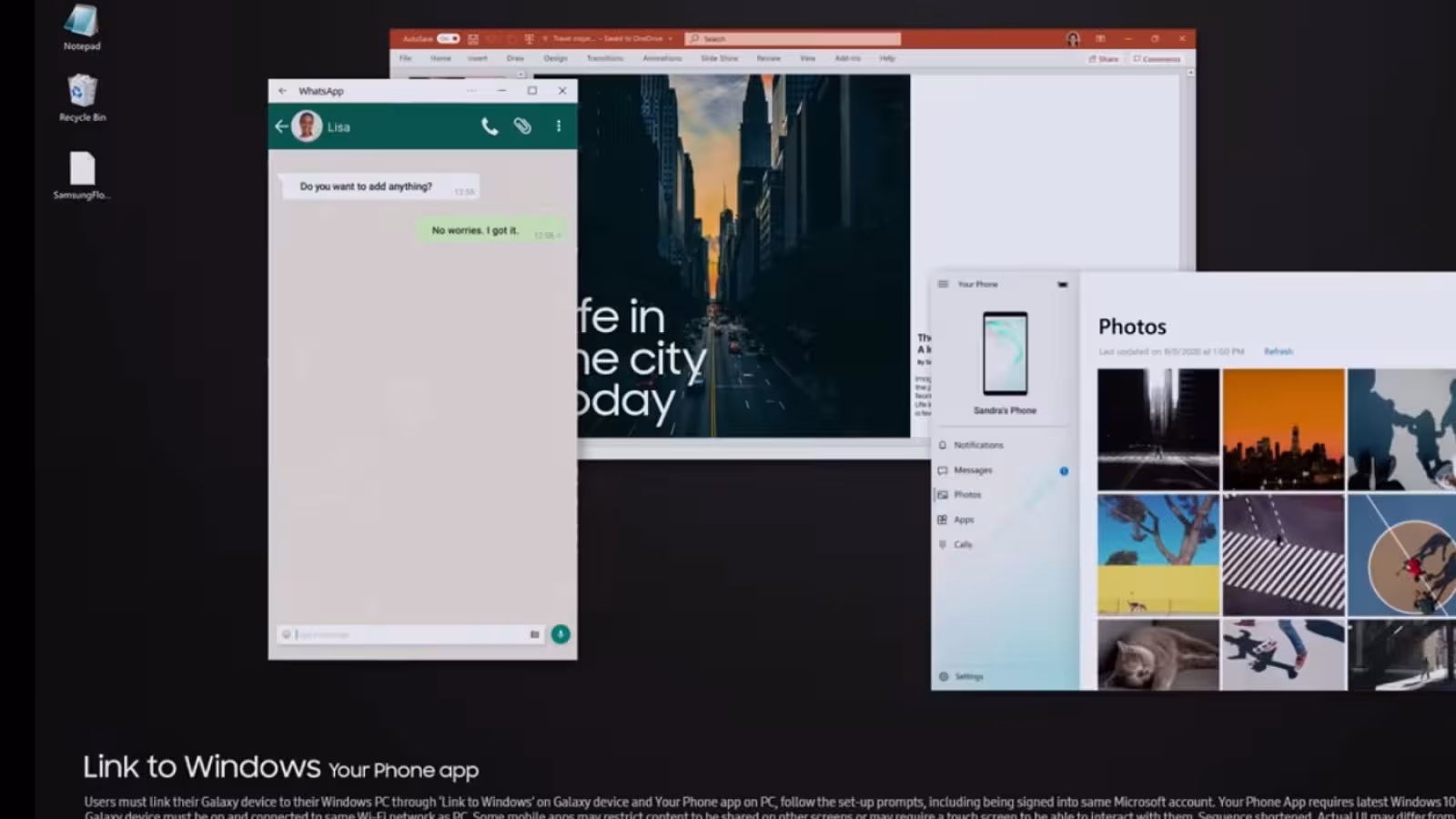Sur Windows 10, il sera possible de lancer des applications Android (par le biais d’un smartphone Samsung), et d’afficher celle-ci sur une fenêtre.