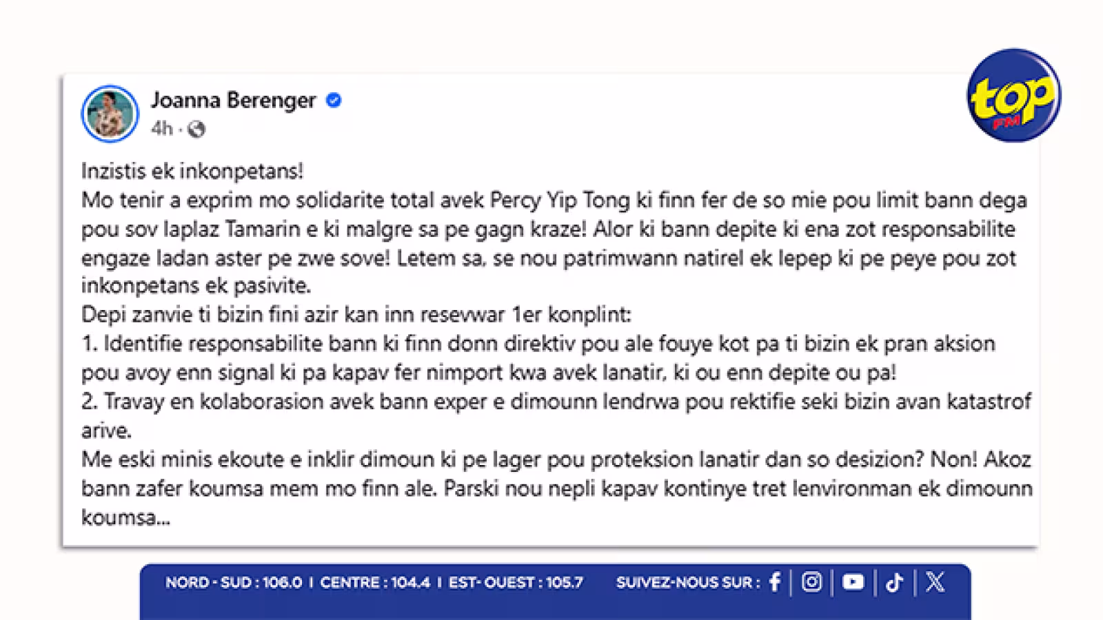 Dossier Tamarin : Joanna Bérenger dénonce un manque d’écoute et fustige la gestion environnementale