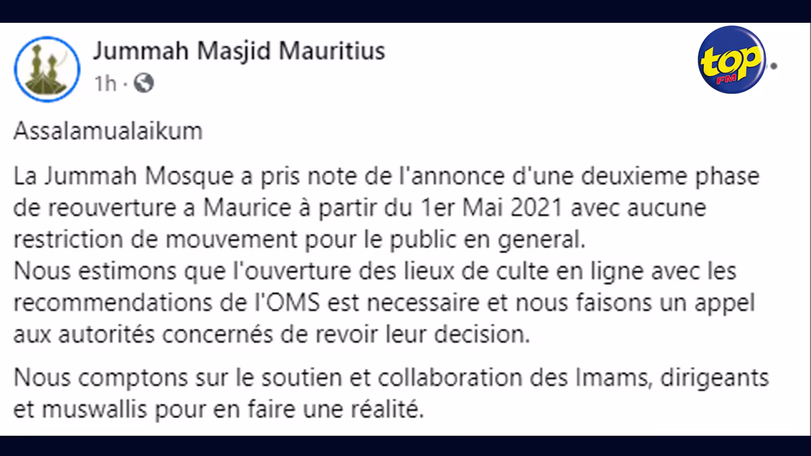 Deuxième phase de réouverture à partir du 1er mai : La Jummah Mosque demande aux autorités de revenir sur leur décision concernant la fermeture des lieux de culte