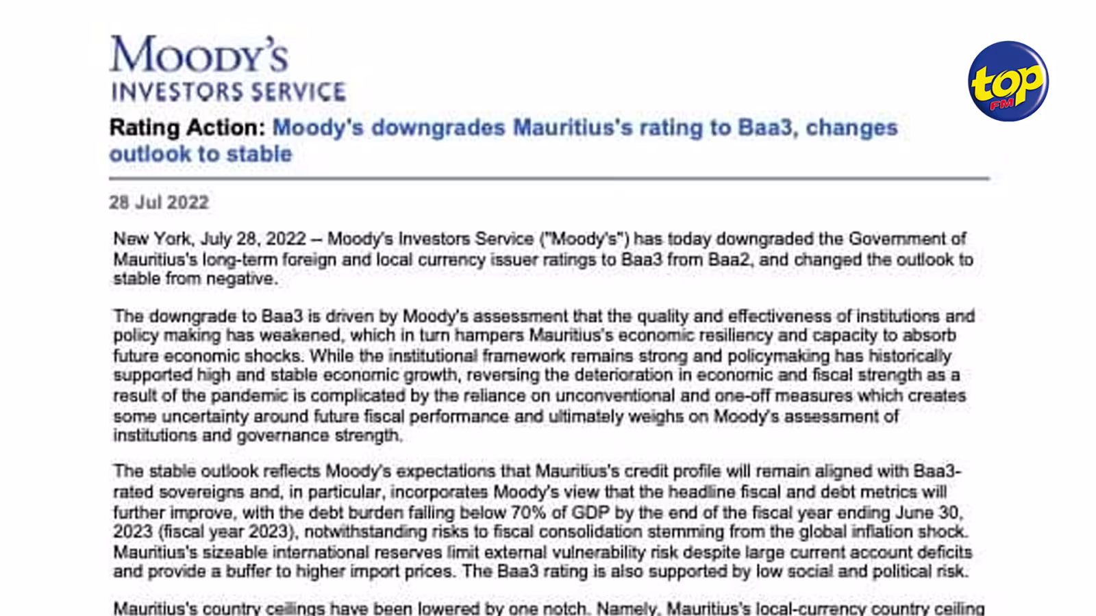 Moody’s baisse la note de Maurice de Baa2 à Baa3