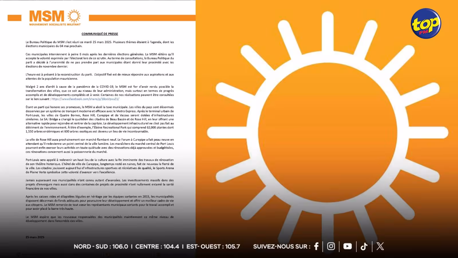 Elections municipales : Le MSM n’y participera pas et se concentre sur sa relance
