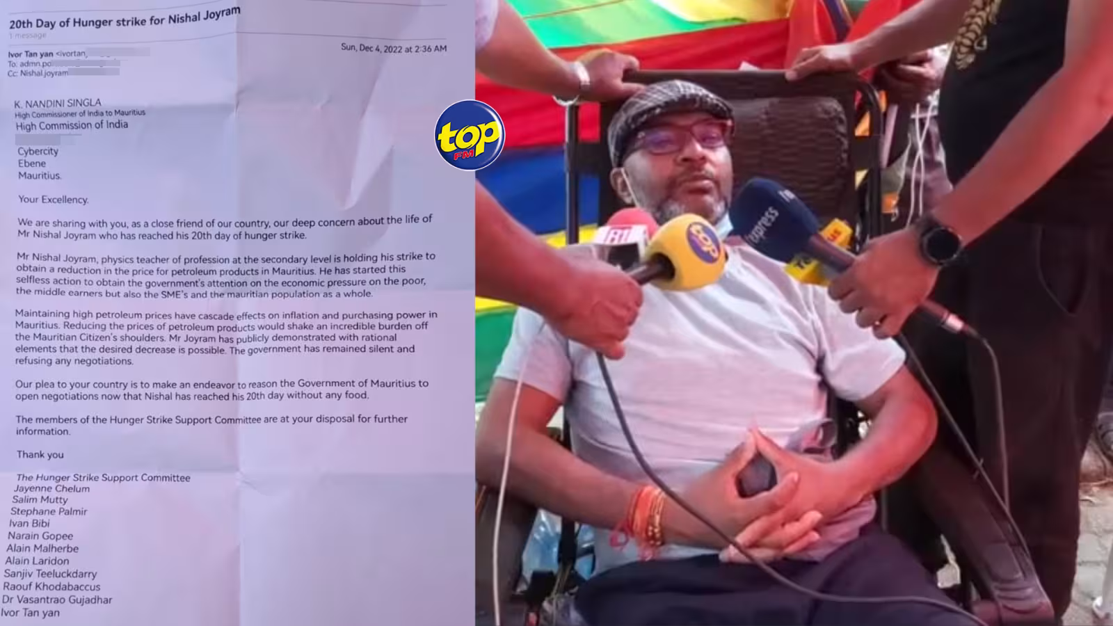 Grève de la faim de Nishal Joyram : Le comité de soutien fait part de ses appréhensions sur la santé du gréviste à la Haute Commissaire de l’Inde à Maurice