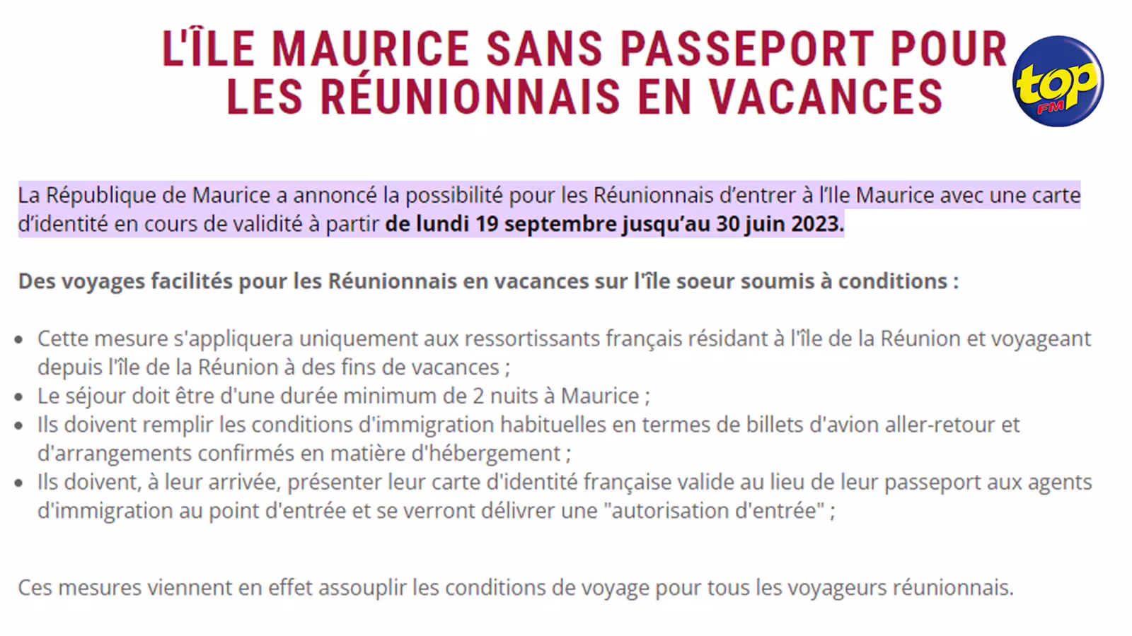 Depuis hier : Les Français n’ont plus besoin de passeport depuis l’île de la Réunion pour venir à Maurice