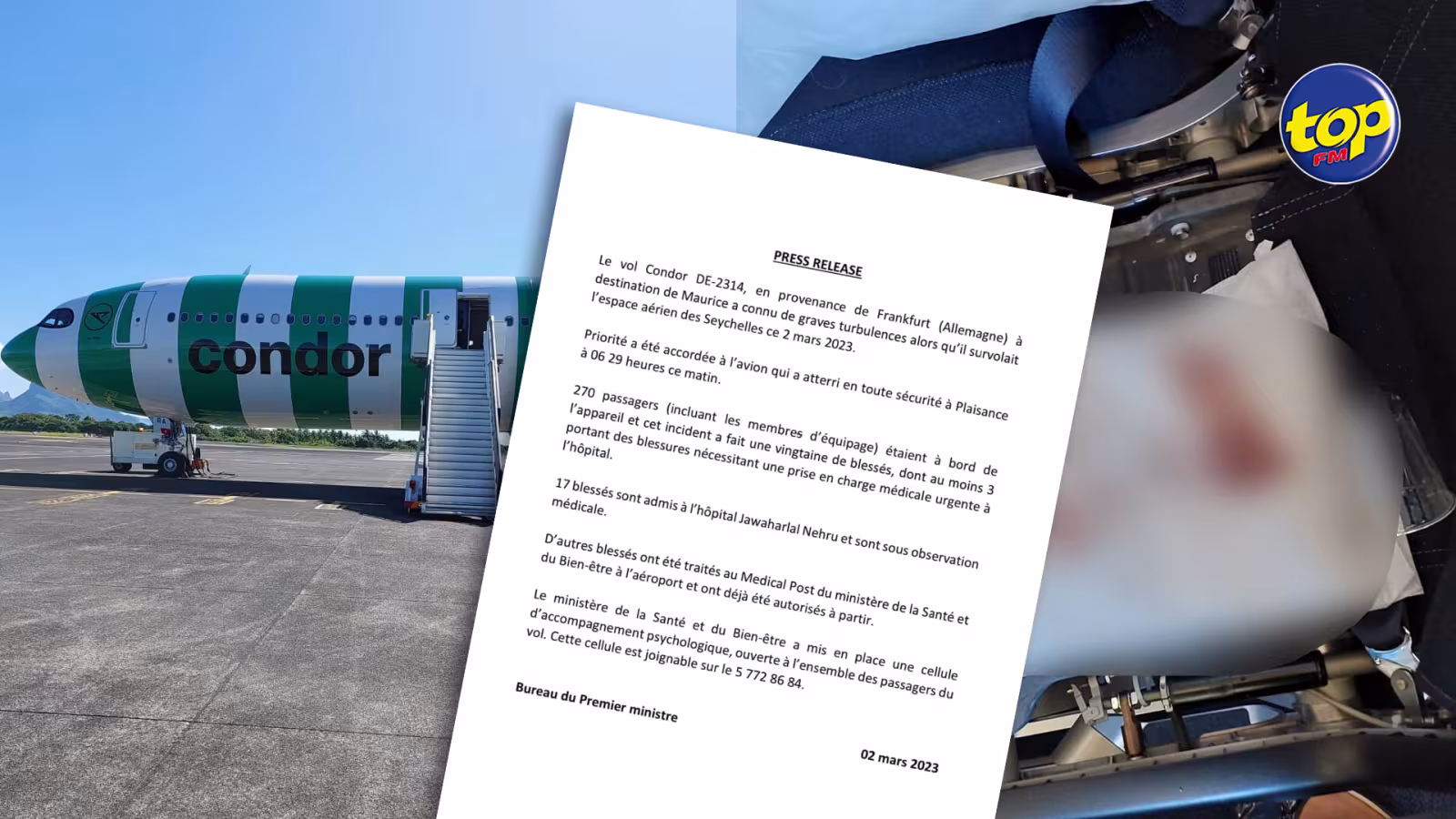 Après avoir été pris dans une zone de turbulences : importante mobilisation ce matin à l’aéroport de Plaisance pour évacuer les blessés du vol DE-2314, une vingtaine de blessés à déplorer