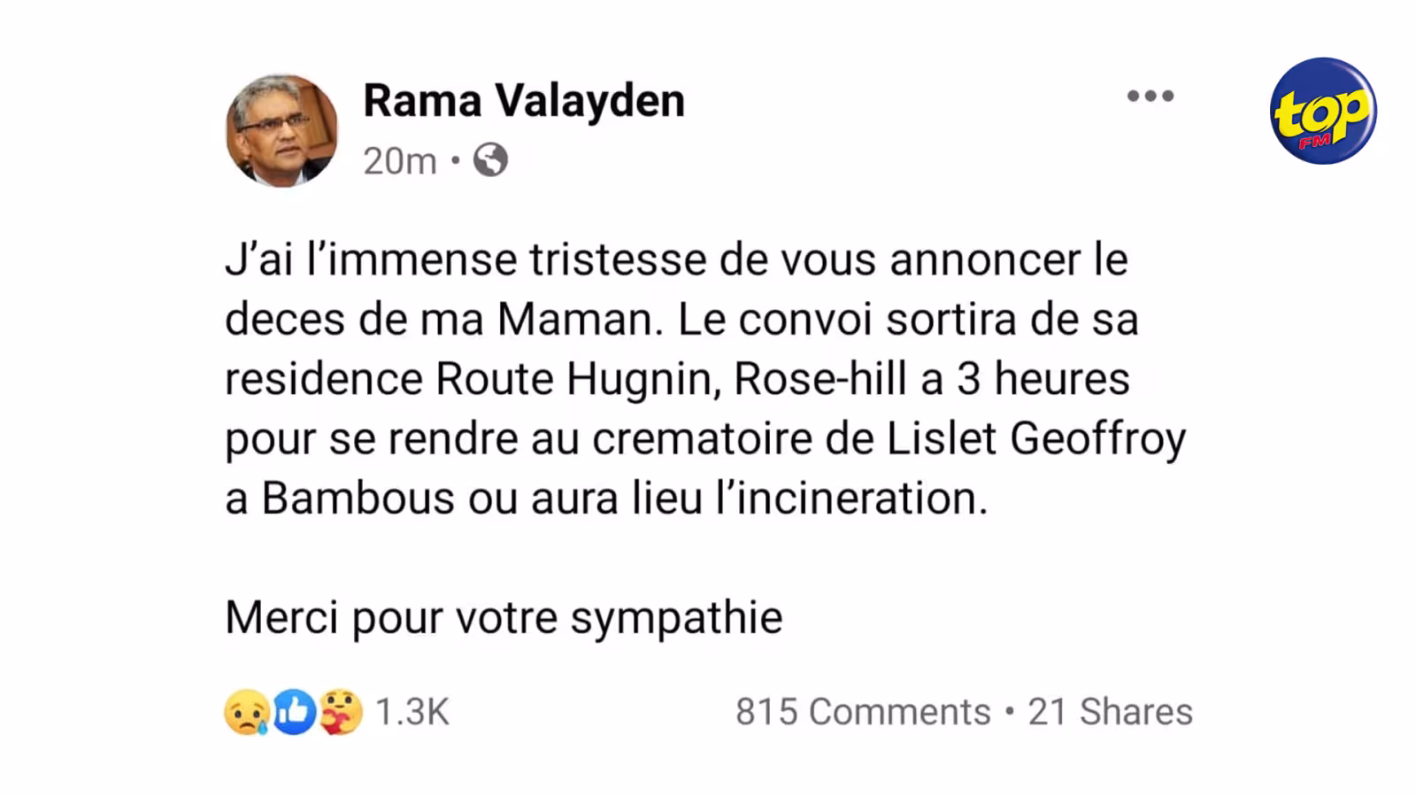 Nécrologie : Laxmee Valayden, la mère de Rama Valayden, est décédée