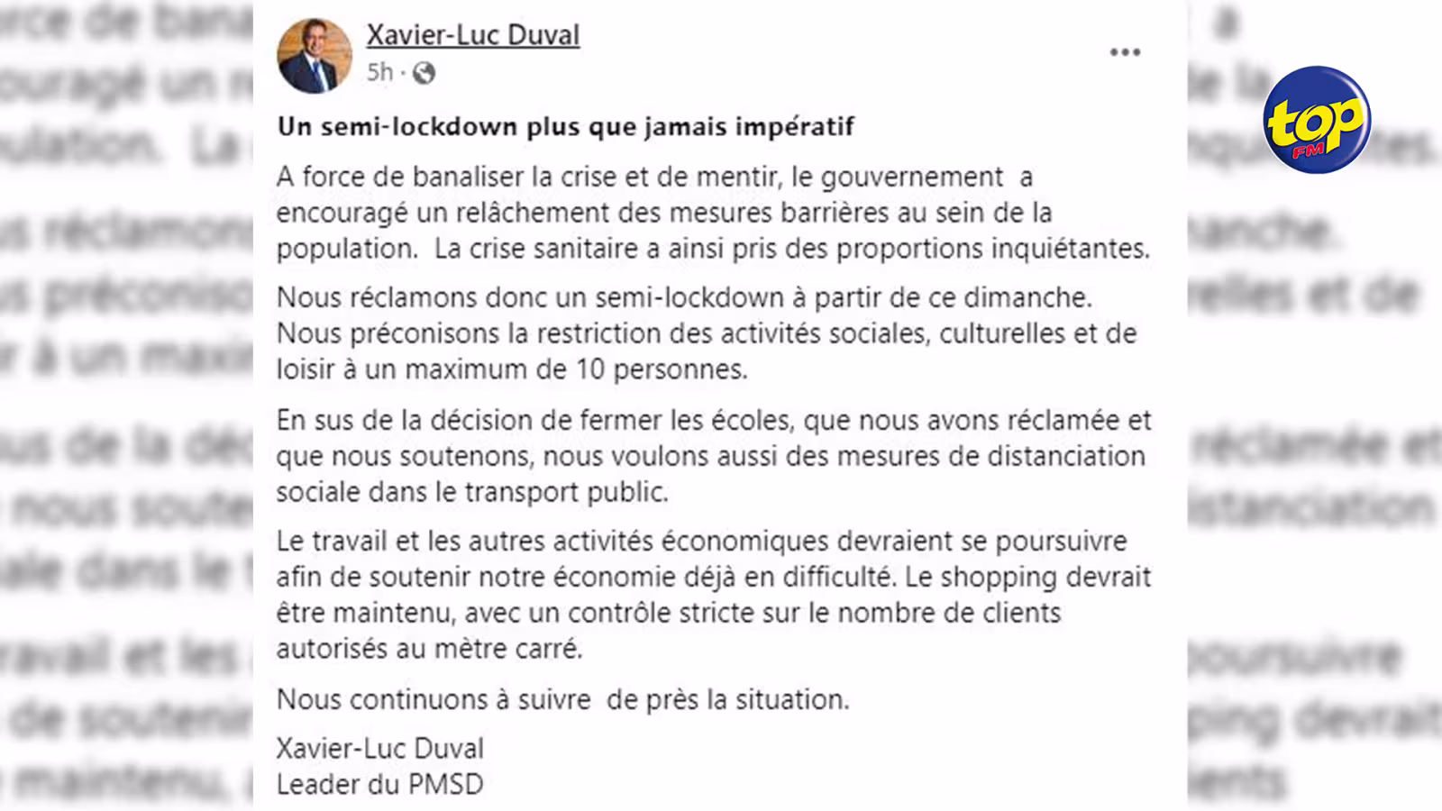 Covid-19 : Le PMSD préconise un semi-lockdown avec le maintien du travail et des autres activités économiques
