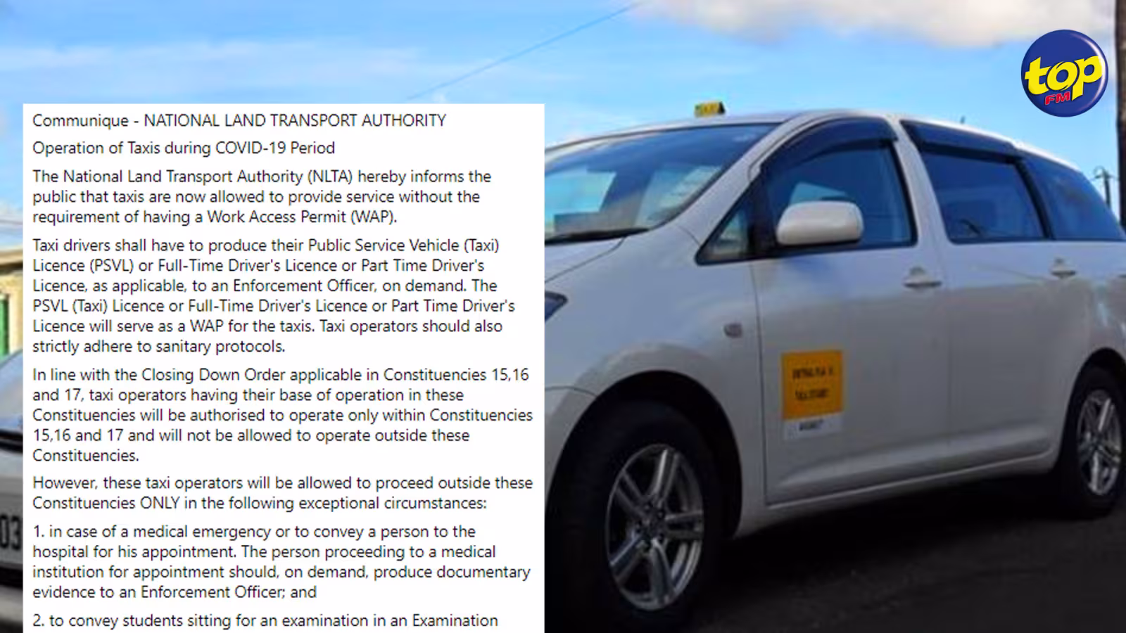 Covid-19: les taxis autorisés à opérer sans Work Access Permit
