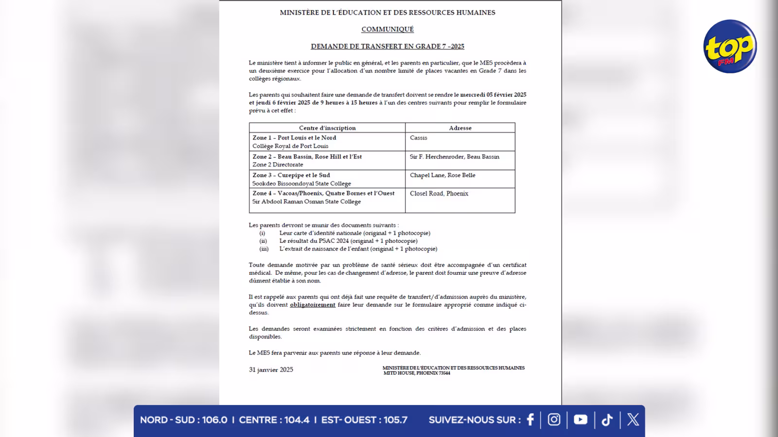Transfert en grade 7 : un second exercice prévu les 5 et 6 février prochain