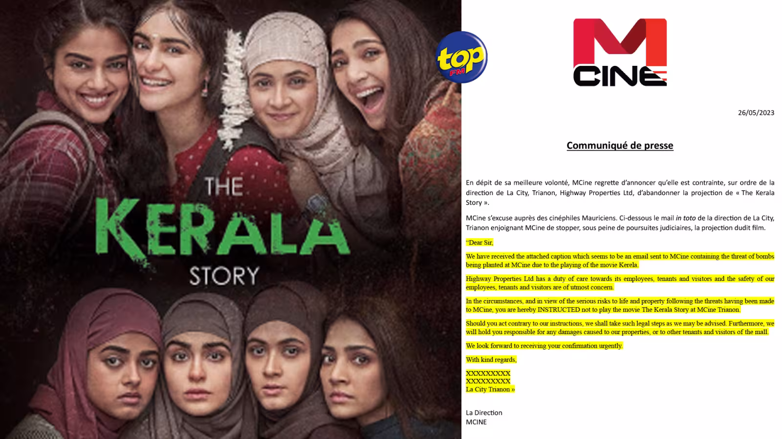 Alerte à la bombe : MCine contrainte de stopper la projection de « The Kerala Story »
