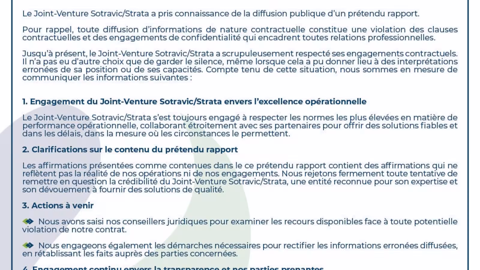Communiqué du Joint Venture Sotravic/Strata