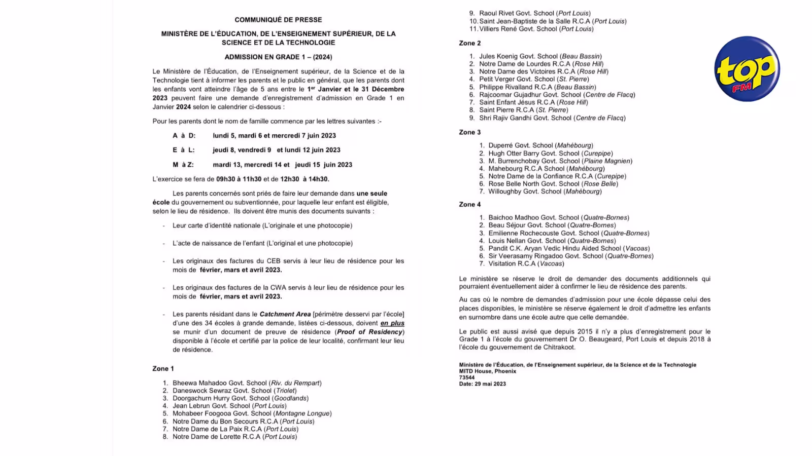 Admission en grade 1 pour l’année 2024 : Les inscriptions démarrent le 5 juin