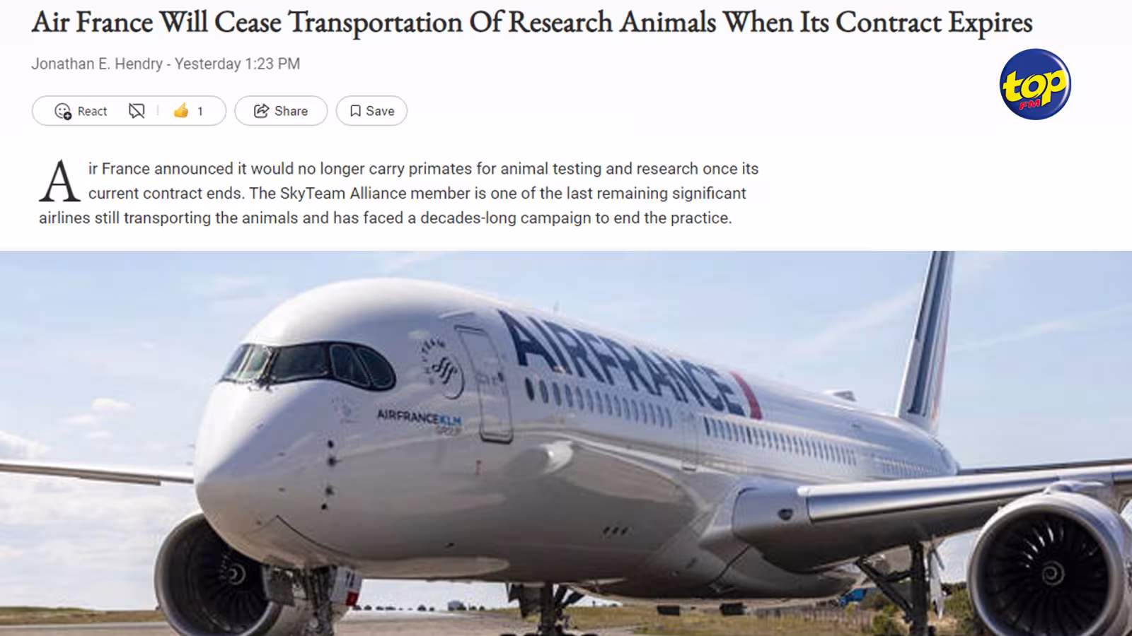 De Maurice à Paris-Charles de Gaulle puis au monde entier : Air France stoppe le transport de singes destinés à la recherche