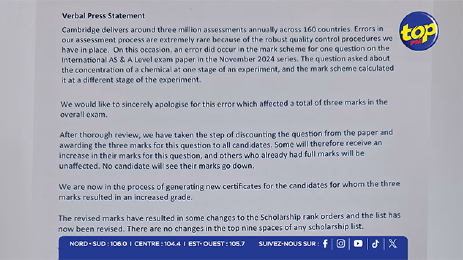 Cambridge reconnaît une erreur dans un examen tenu en novembre 2024