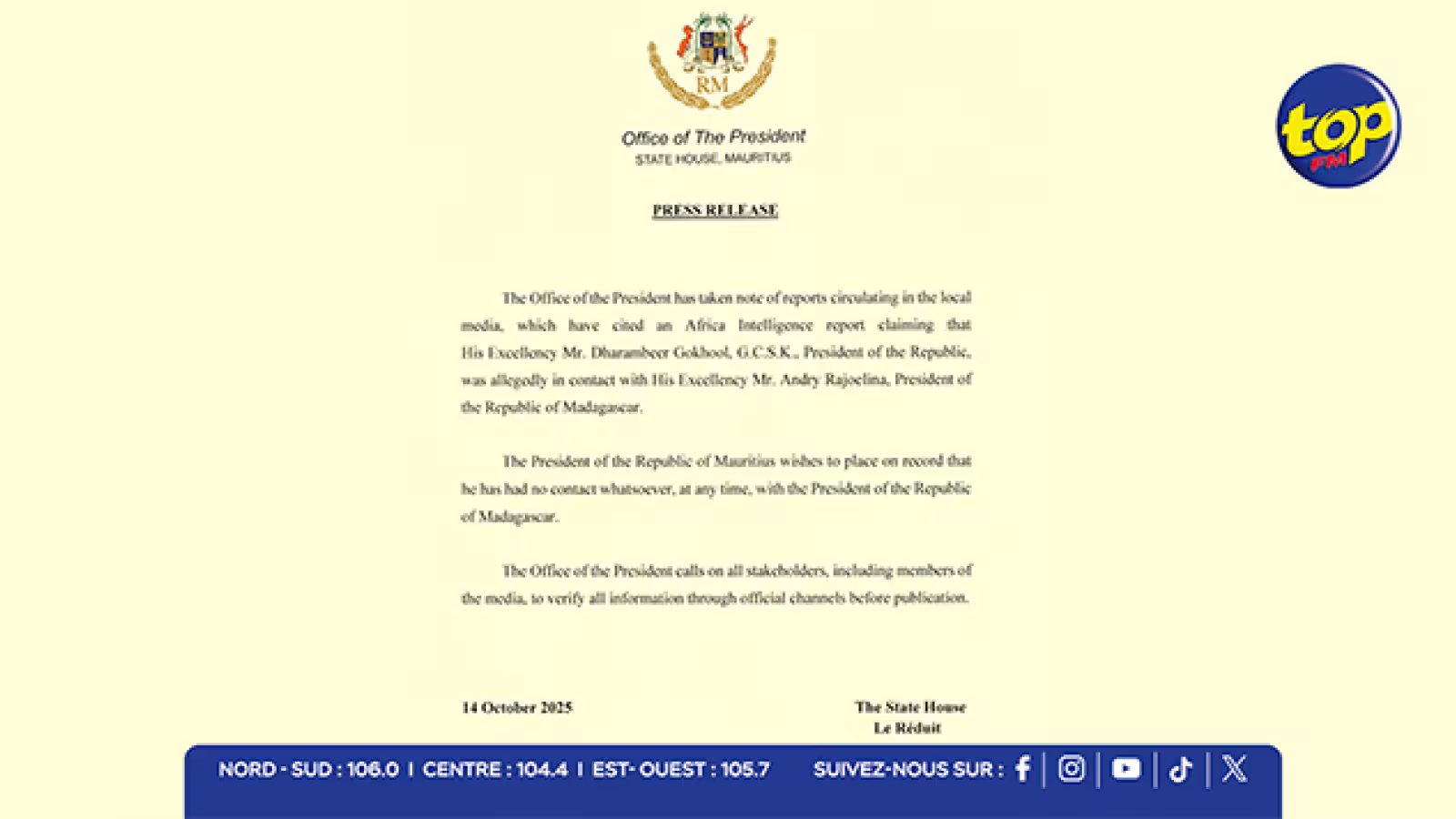 Rumeurs démenties : le Président de la République de Maurice, Dharambeer Gokhool pas en contact avec son homologue malgache