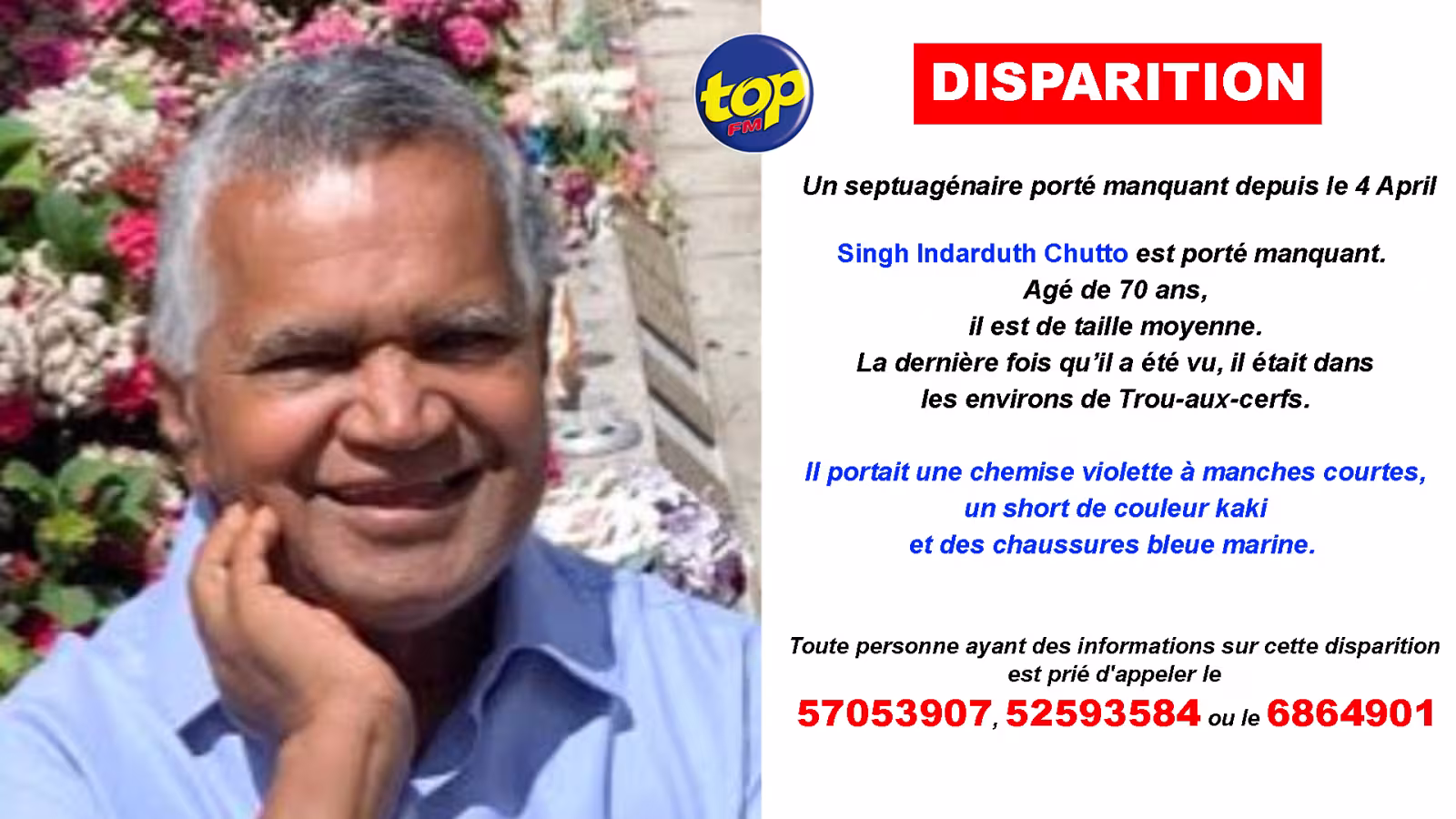 Disparition : Un septuagénaire porté manquant depuis le 4 April 