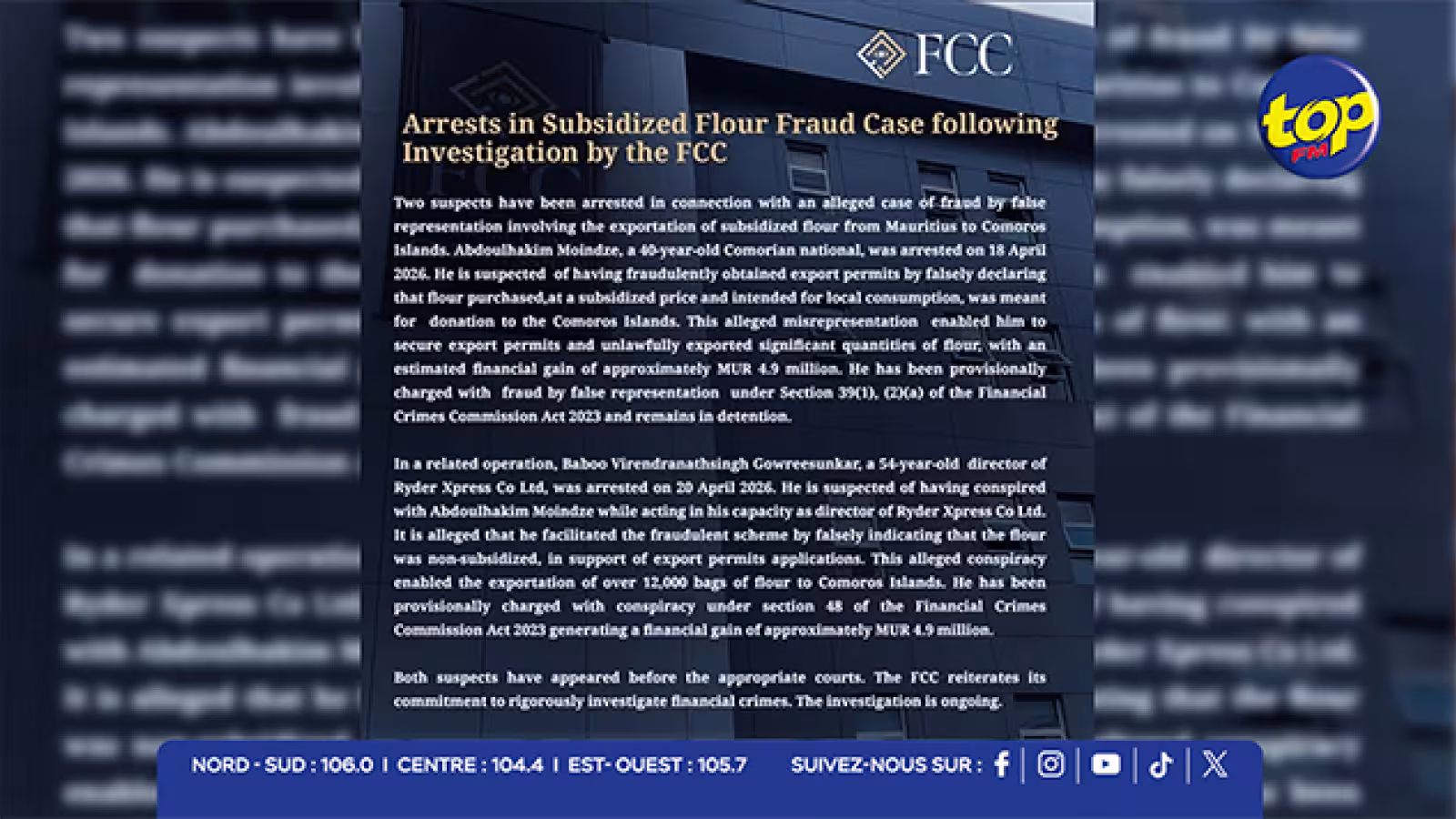 Plus de 12 000 sacs de farine subventionnée exportés illégalement : deux arrestations après une enquête de la FCC, une fraude estimée à environ Rs 4,9 millions