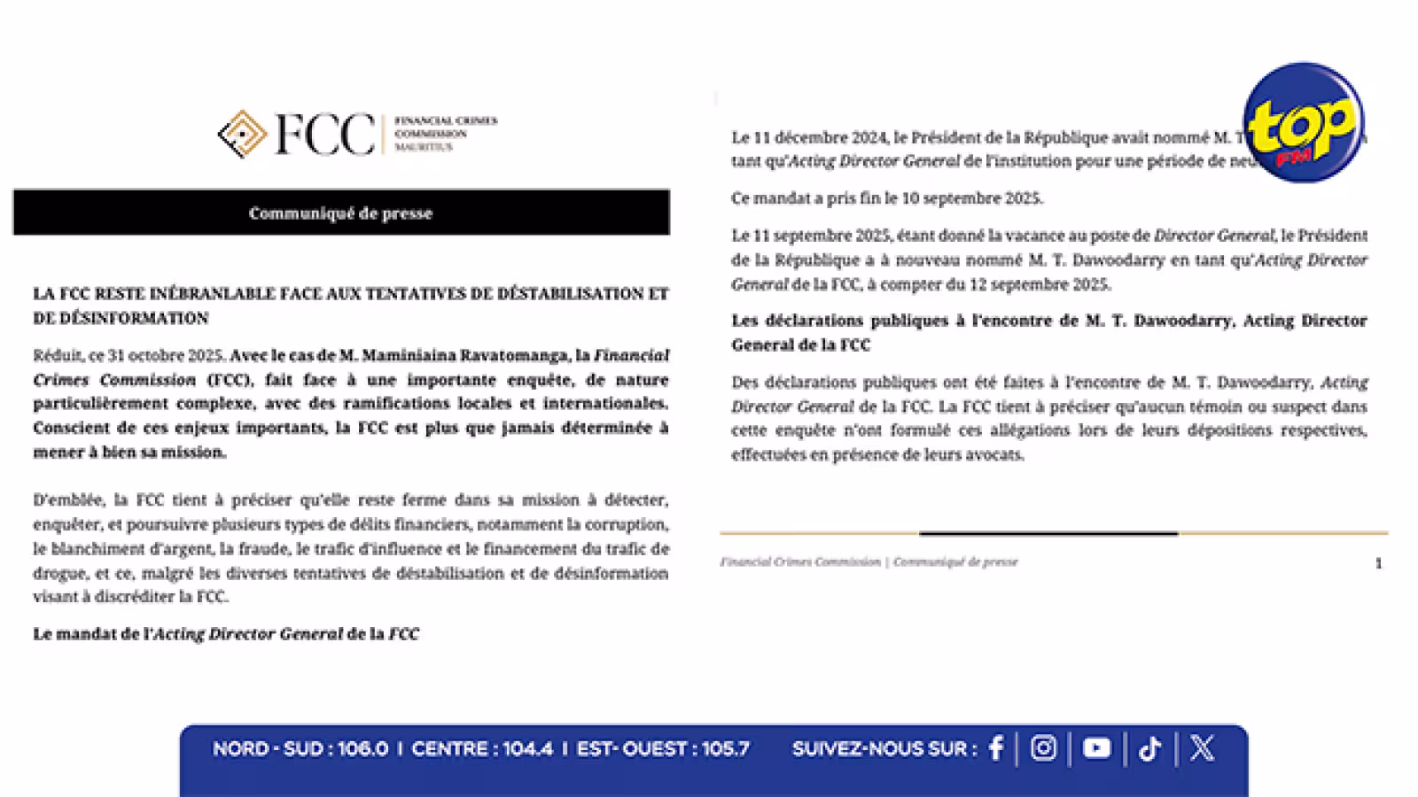 Affaire Ravatomanga : la FCC contre-attaque et appelle à la fin des manœuvres de désinformation