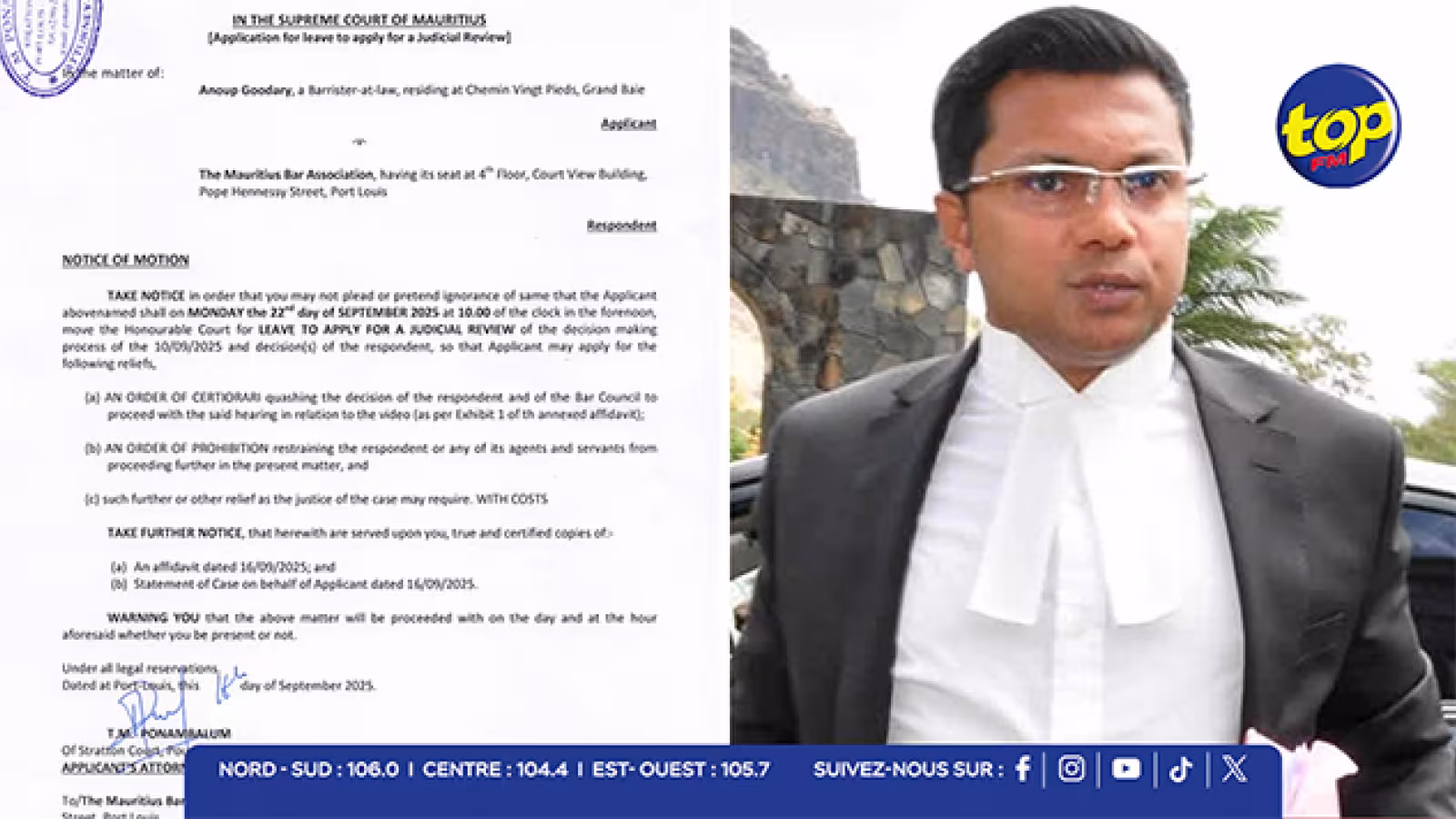 Affaire Goodary : l’avocat saisit la Cour suprême contre la Mauritius Bar Association pour atteinte à sa liberté d’expression