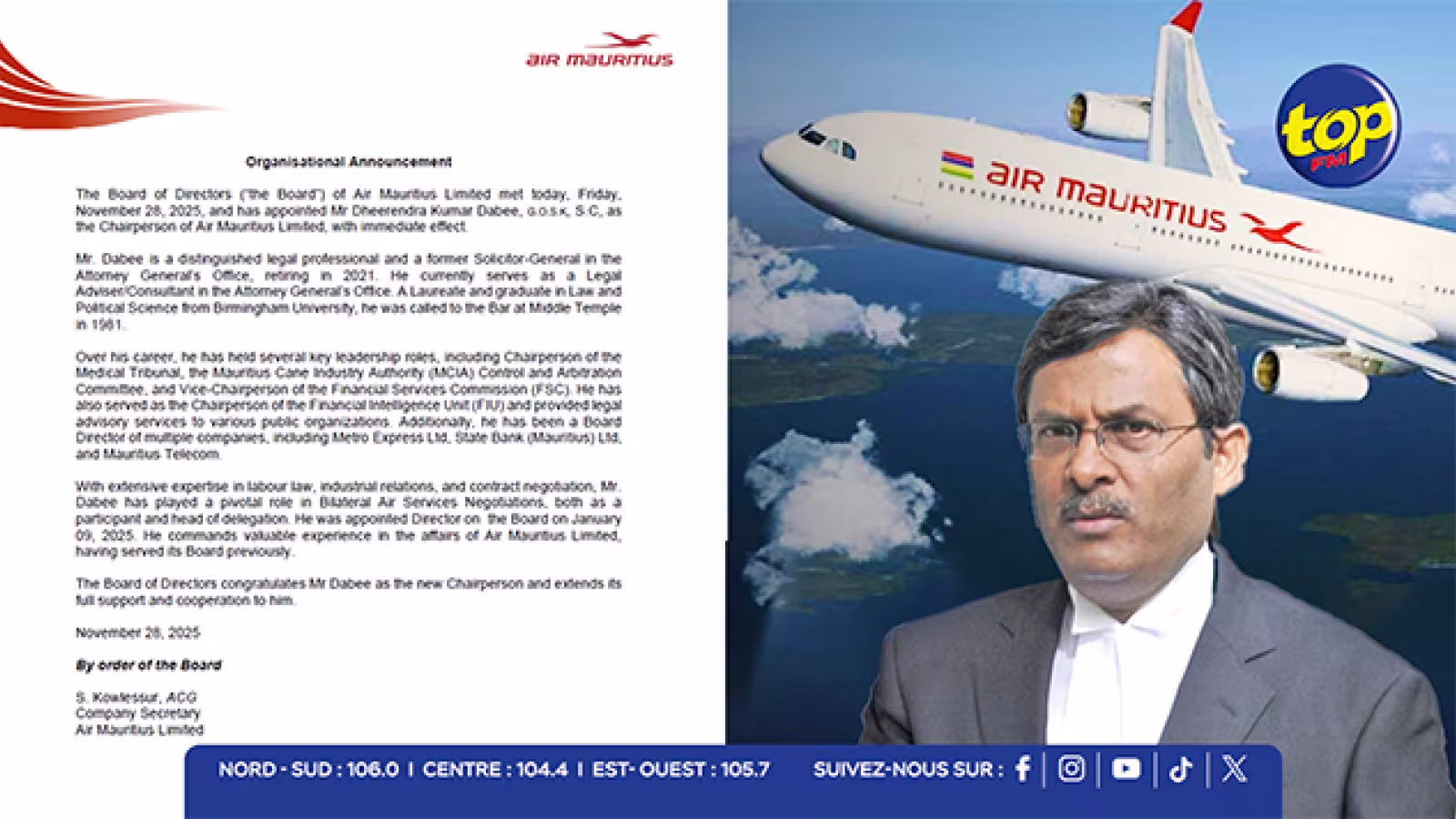 Air Mauritius : un comite technique mis en place  pour la maintenance de sa flotte, selon le nouveau président Dhiren Dabee