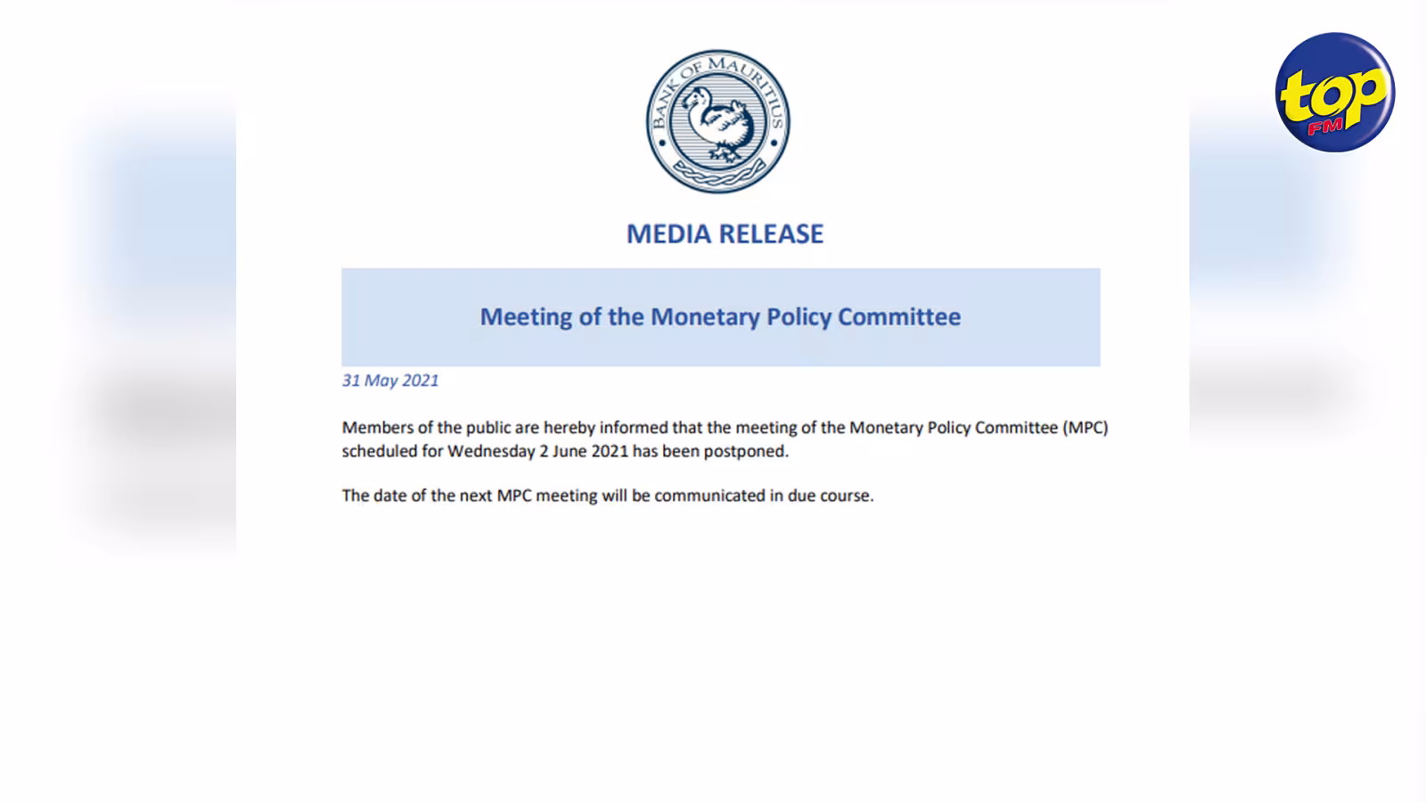Initialement prévue pour ce mercredi : La réunion du Monetary Policy Committee de nouveau reporté
