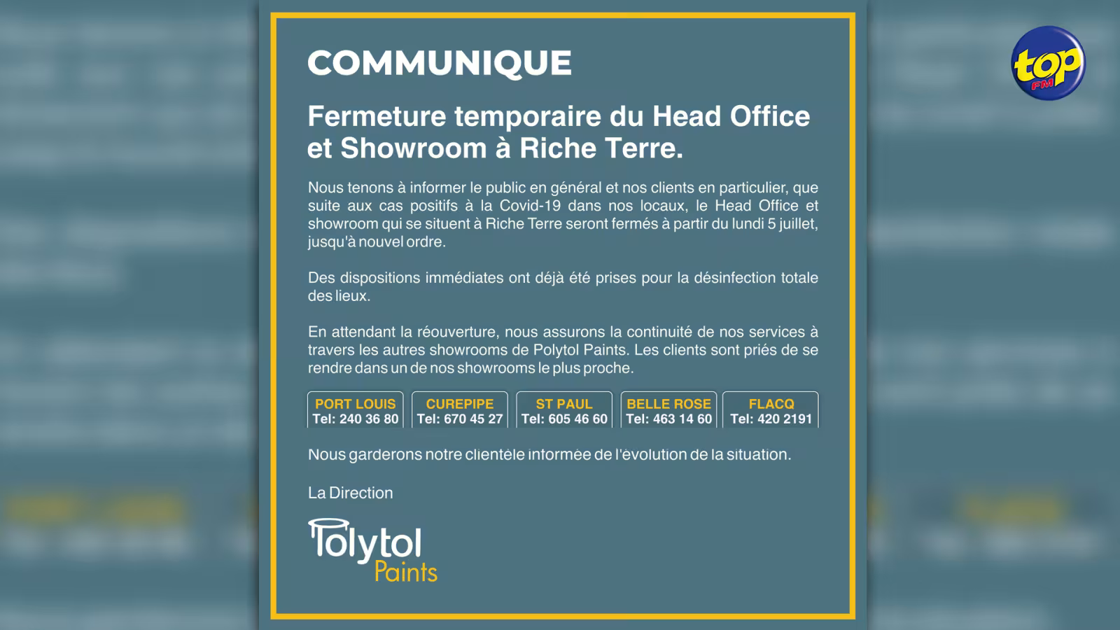 Covid 19 : Des cas positifs parmi des employés de Polytol Paints