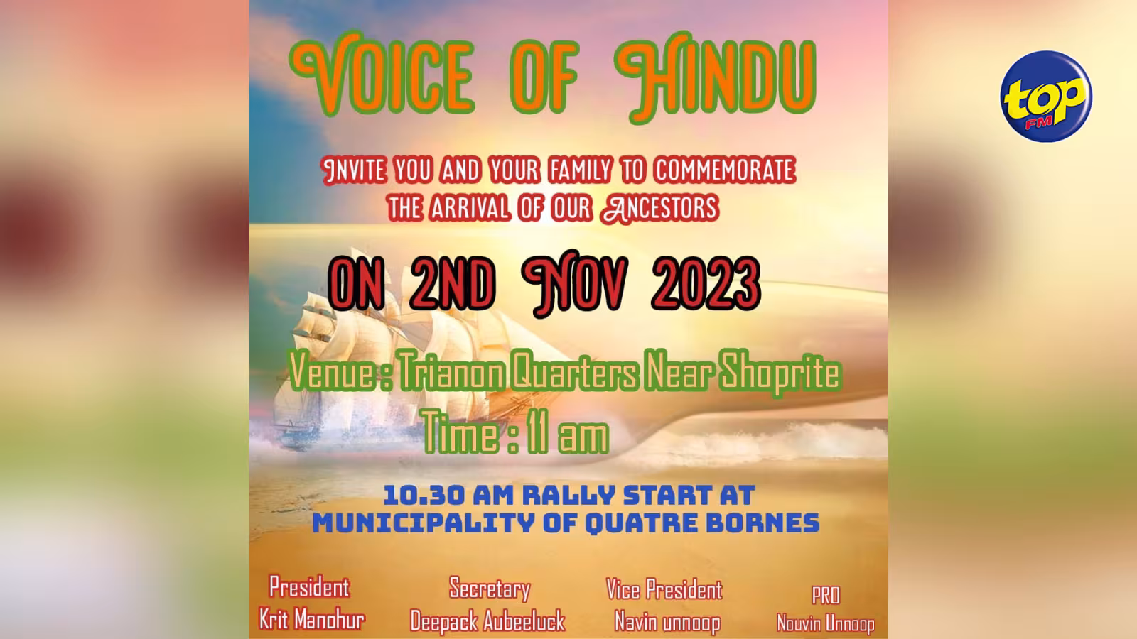 Commémoration de l’arrivée des travailleurs engagés à Maurice : Un rallye organisé par la Voice of Hindu ce jeudi, de Quatre Bornes à Trianon