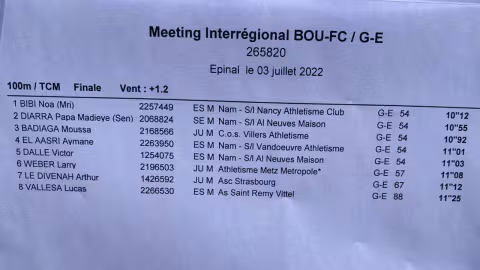 Meeting régional d’Épinal en France : Noa Bibi brise le record légendaire de Stéphan Buckland aux 100 mètres…