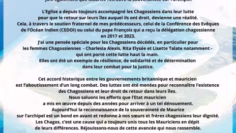 Souveraineté de Maurice sur les Chagos : « Cette victoire rassemble la nation et nous invite à célébrer ensemble cette avancée », affirme Mgr Jean Michaël Durhône