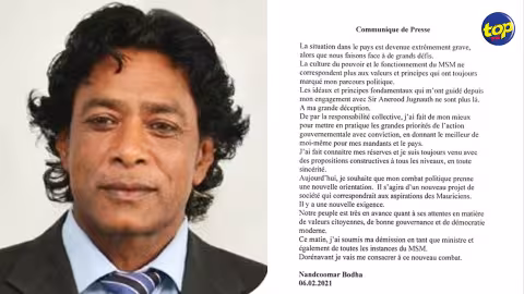 Breaking NEWS : Nando Bodha soumet sa démission en tant que ministre des affaires étrangères et de toutes les instances du MSM