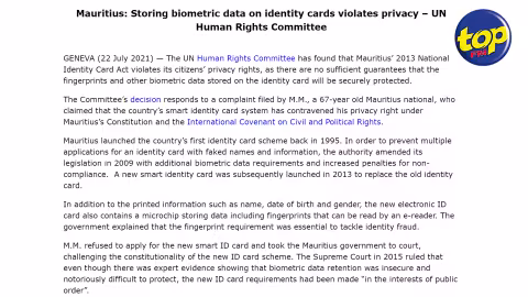 Décision du Comité des droits humains de l’ONU : « La manière dont les empreintes sont sauvegardées sur la carte d’identité biométrique porte atteinte à la vie privée »