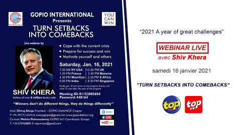 “2021 A year of great challenges….”  À ne pas rater sur TOP FM et TOP TV MAURITIUS ce samedi 16 janvier, notre WEBINAR LIVE avec Shiv Khera