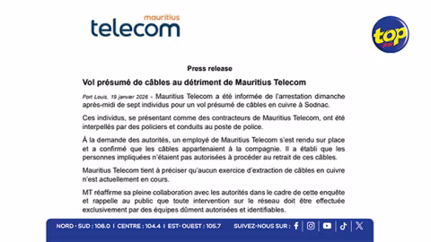 Mauritius Telecom victime d’une tentative de vol de câbles à Sodnac: sept personnes arrêtées