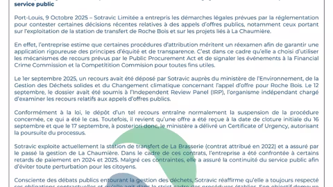 Sotravic engage des recours légaux dans le cadre d’appels d’offres publics